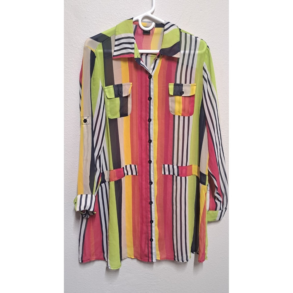 Ashley Stewart Striped Button Up Blouse Size 14 Colorful Long Sleeve Shirt